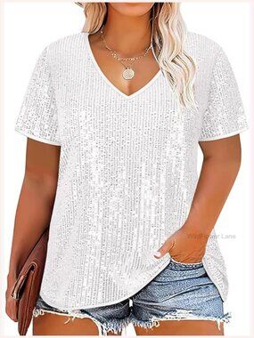 Plus Size Sequin Top Short Sleeve V Neck Party Blouse Sparkle Shimmer Shirt